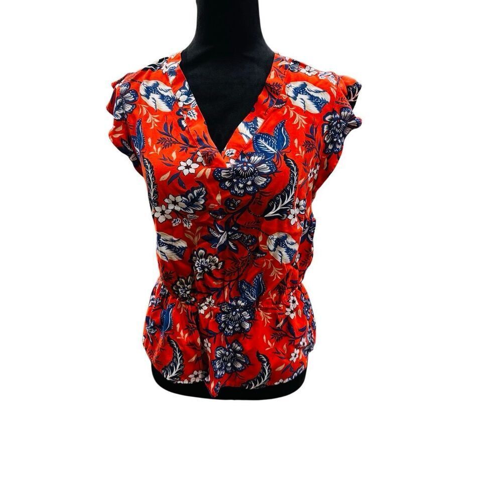 Sam & Jess Floral Peplum Blouse Small Red Blue Flutter Sleeve V-Neck Rayon Top